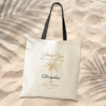 Elegant Gold Palm Tree Wedding Thank You Tote Bag<br><div class="desc">Customise this black and gold "Thank You for being my bridesmaid" tote bag with your special touch. This modern design features modern script, black and gold text including an artistic palm tree. Personalise it with your bridesmaid's name, your name and wedding date. If you need help or matching items, please...</div>