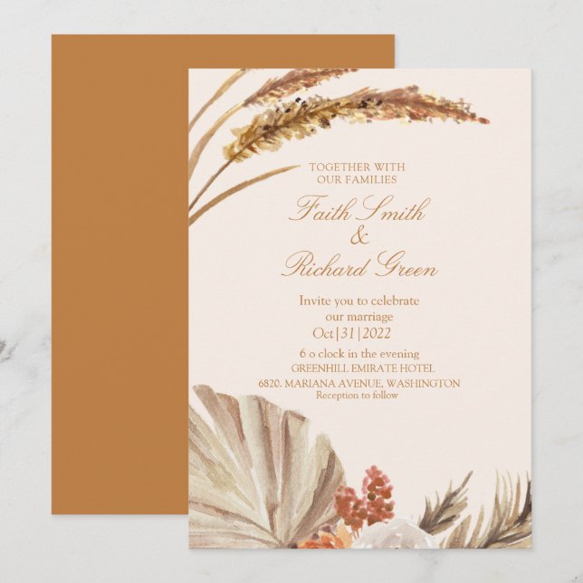 Elegant Gold Pampas Grass Wedding Invitations  (Front/Back)