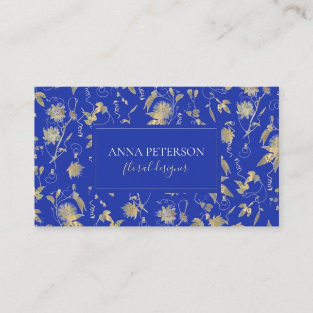 Elegant Gold Passiflora Vine on Royal Blue Business Card (Front)