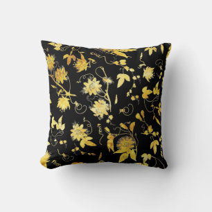 Elegant Gold Passion flower on Black Cushion