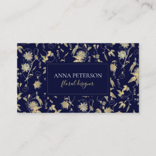 Elegant Gold Passion Flower Vine Dark Navy Blue Business Card