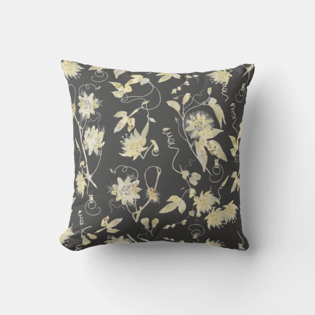 Elegant Gold Passion Flowers Pattern on Dark Grey Cushion (Front)