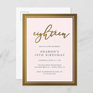 Elegant Gold & Pastel Pink 18th Birthday Party Invitation Postcard