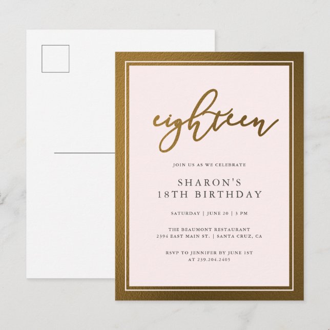 Elegant Gold & Pastel Pink 18th Birthday Party Invitation Postcard (Front/Back)