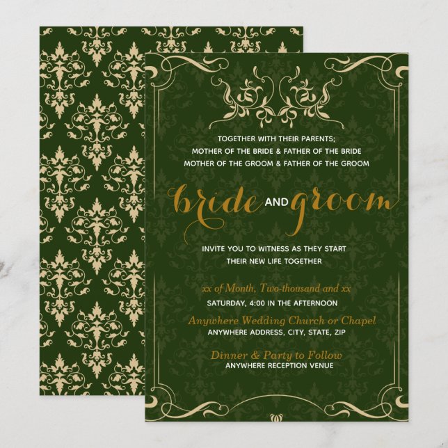 Elegant Gold Pattern in Emerald BG Wedding Invitation (Front/Back)