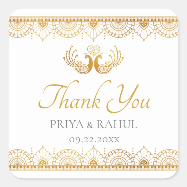 Elegant Gold Pattern Indian Wedding Favour Square Sticker (Front)