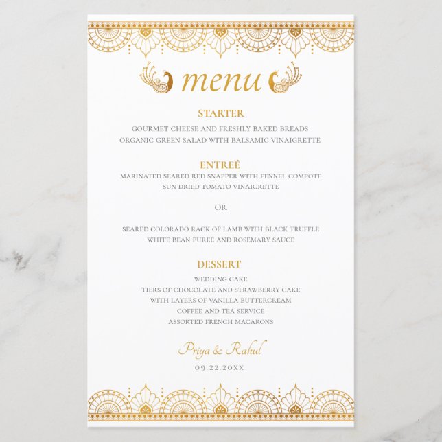 Elegant Gold Pattern Indian Wedding Menu (Front)