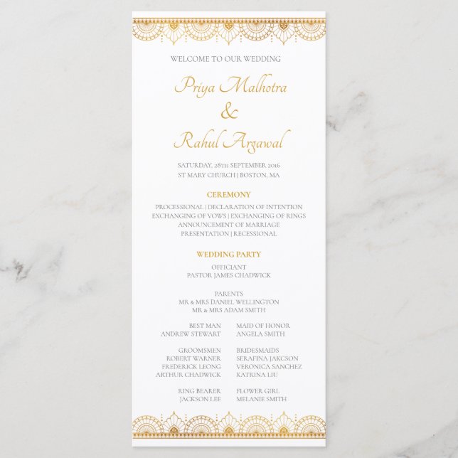 Elegant Gold Pattern Indian Wedding Programme (Front)