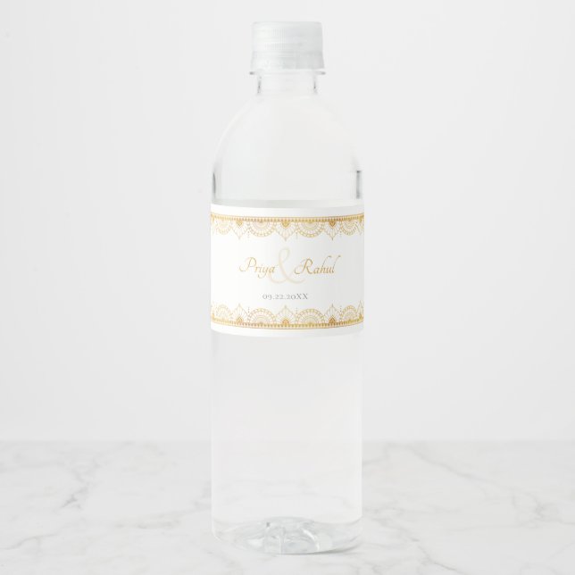 Elegant Gold Pattern Indian Wedding  Water Bottle Label (Front)