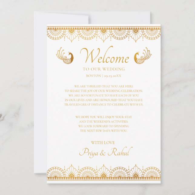 Elegant Gold Pattern Indian Wedding Welcome Note Invitation (Front)