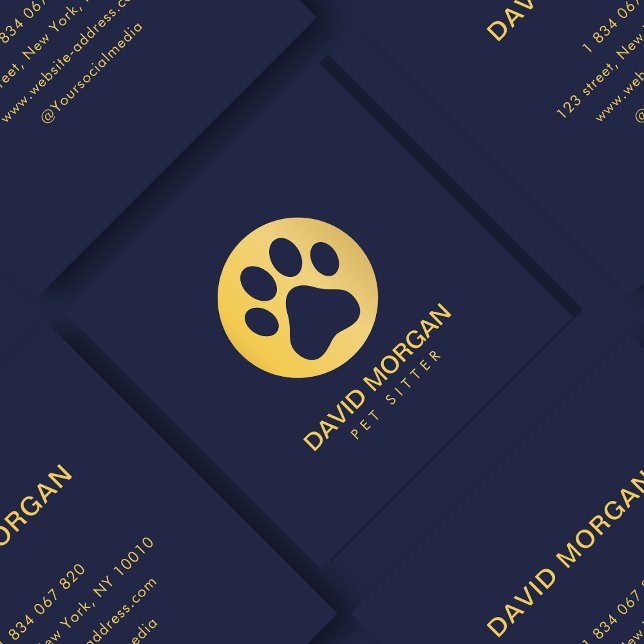 Elegant Gold Paw Print Pet Sitter Navy Blue  Square Business Card (Creator Uploaded)