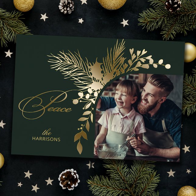 Elegant Gold Peace Calligraphy Botanical Photo Foil Holiday Card (Creator Uploaded)
