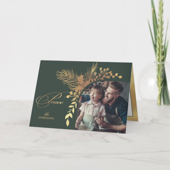 Elegant Gold Peace Calligraphy Botanical Photo Holiday Card (Front)