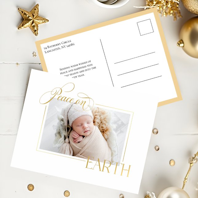 Elegant Gold Peace on Earth Photo Foil Holiday Postcard (Creator Uploaded)