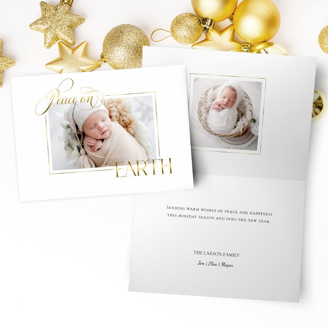 Elegant Gold Peace on Earth Photo Holiday Card (Creator Uploaded)