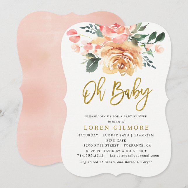 Elegant Gold Peach Floral Baby Shower Invitation (Front/Back)