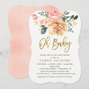 Elegant Gold Peach Floral Baby Shower Invitation