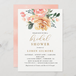 Elegant Gold Peach Floral Bridal Shower Invitation