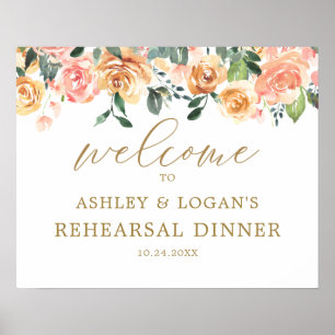 Elegant Gold Peach Floral Rehearsal Dinner Welcome Poster