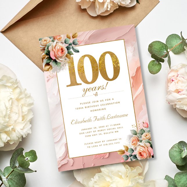Elegant Gold Peach Pink Floral 100th Birthday  Invitation (Creator Uploaded)