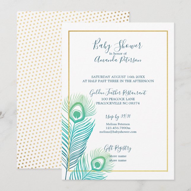 Elegant Gold Peacock Baby Shower Invitations (Front/Back)