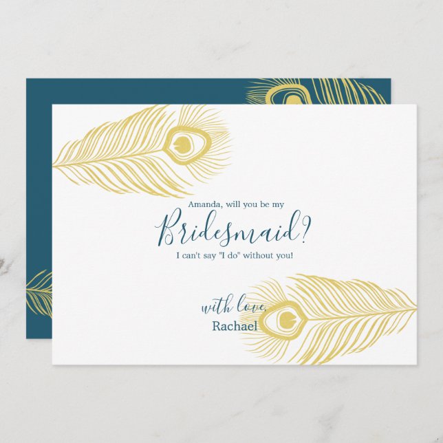 Elegant Gold Peacock Be My Bridesmaid Card (Front/Back)
