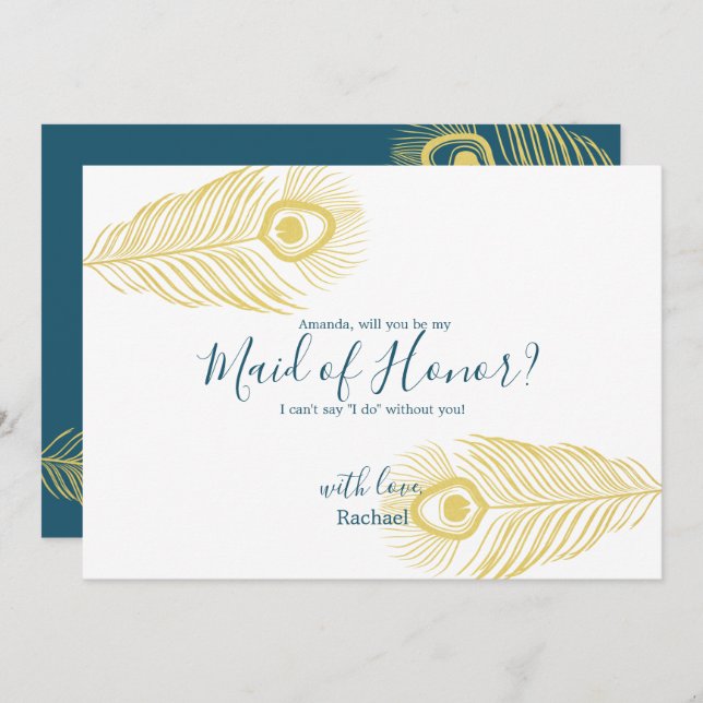 Elegant Gold Peacock Be My Maid of Honour Card (Front/Back)