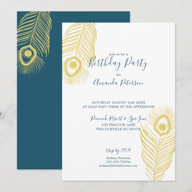 Elegant Gold Peacock Birthday Party Invitations (Front/Back)