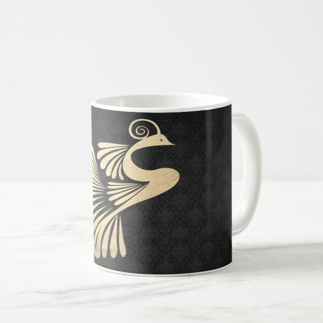 Elegant Gold Peacock, Black Damask Coffee Mug (Front Right)