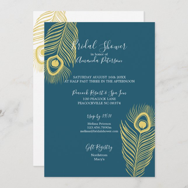 Elegant Gold Peacock Bridal Shower Invitations (Front/Back)