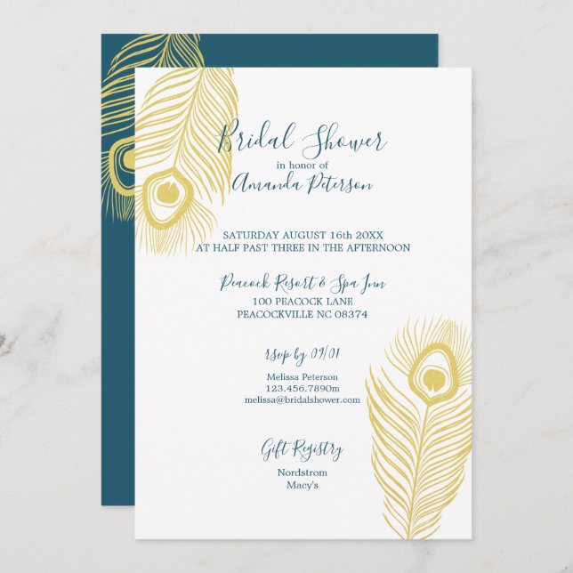 Elegant Gold Peacock Bridal Shower Invitations (Front/Back)