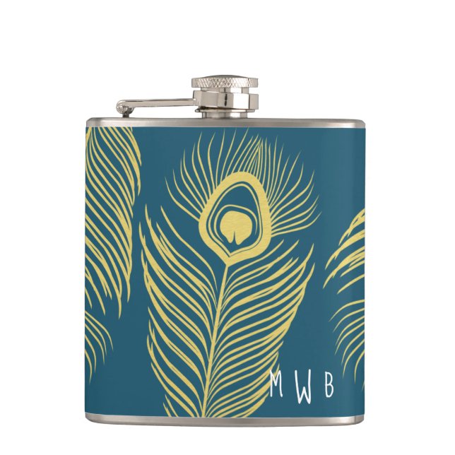 Elegant Gold Peacock Feathers Monogram Flask (Front)