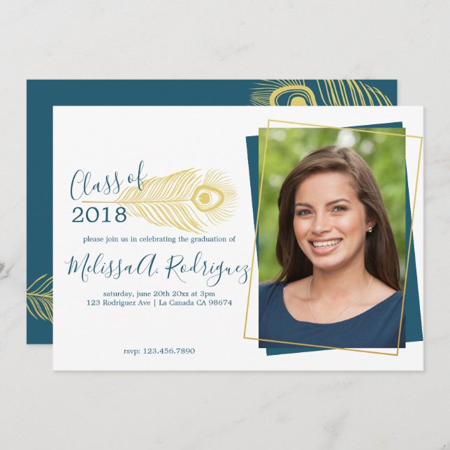 Elegant Gold Peacock Graduation Announcement (Front/Back)