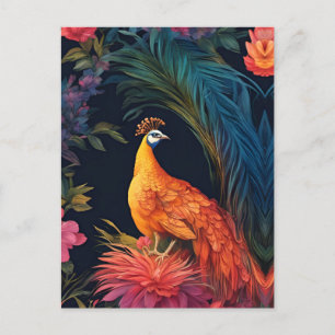 Elegant  Gold Peacock in Colourful Garden Postcard