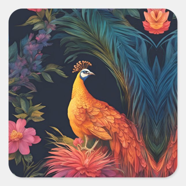 Elegant  Gold Peacock in Colourful Garden Square Sticker (Front)