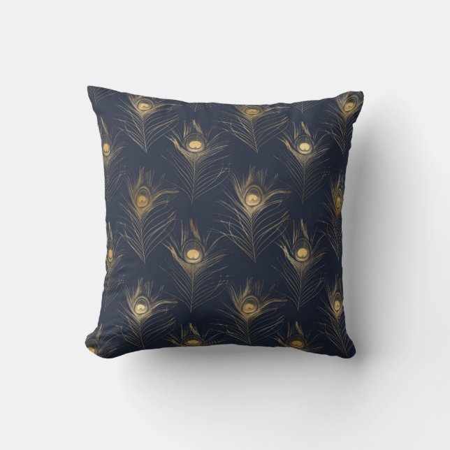 Elegant Gold Peacock Navy Blue  Print Stylish Cushion (Front)