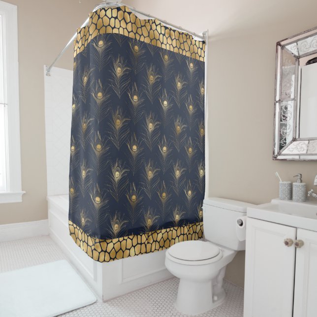 Elegant Gold Peacock Navy Blue Print Stylish Shower Curtain (In Situ)