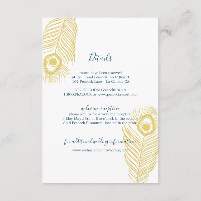Elegant Gold Peacock Wedding Guest Information Enclosure Card (Front)