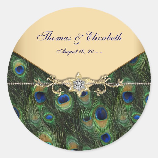 Elegant Gold Peacock Wedding Invitations Classic Round Sticker (Front)