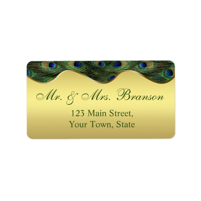 Elegant Gold Peacock Wedding Monogram Label (Front)