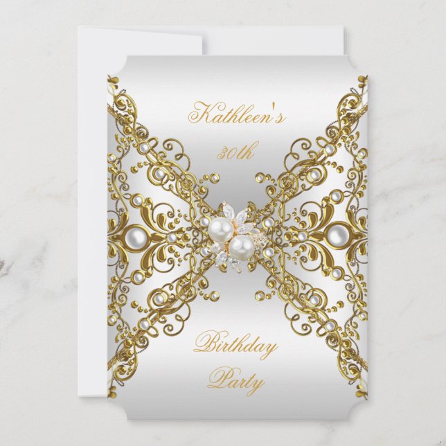 Elegant Gold Pearl Jewel Silver Birthday Party Invitation (Front)