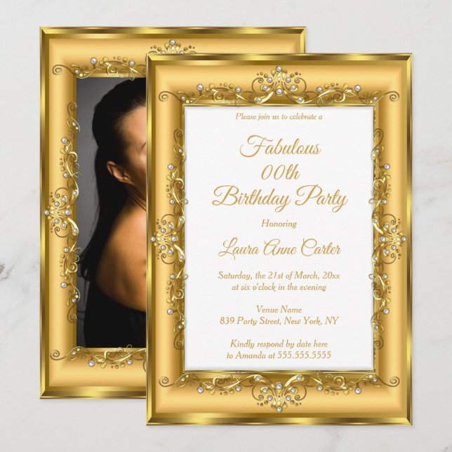 Elegant Gold Pearl Photo Womans Birthday Party Invitation (Front/Back)