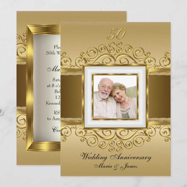 Elegant Gold & Pearl Swirl Photo 50 Anniversary Invitation (Front/Back)