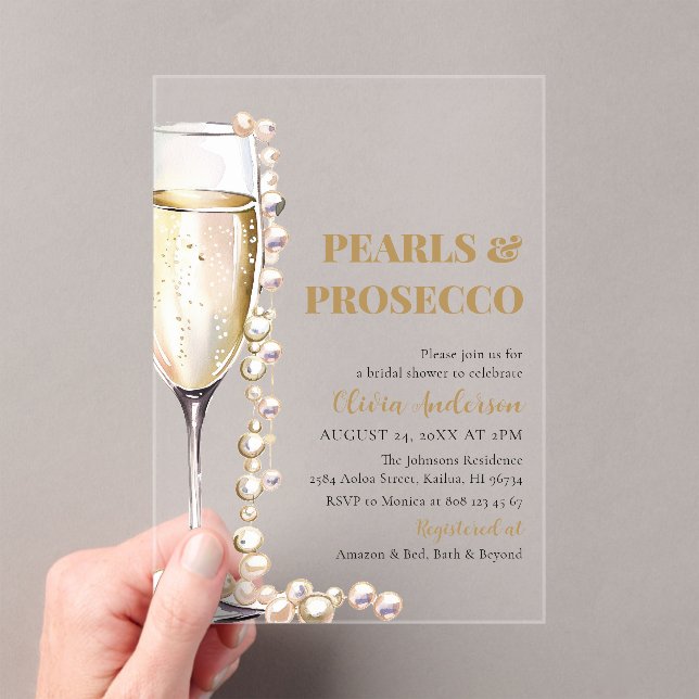 Elegant Gold Pearls and Prosecco Bridal Shower Acrylic Invitations (Insitu (Handheld))