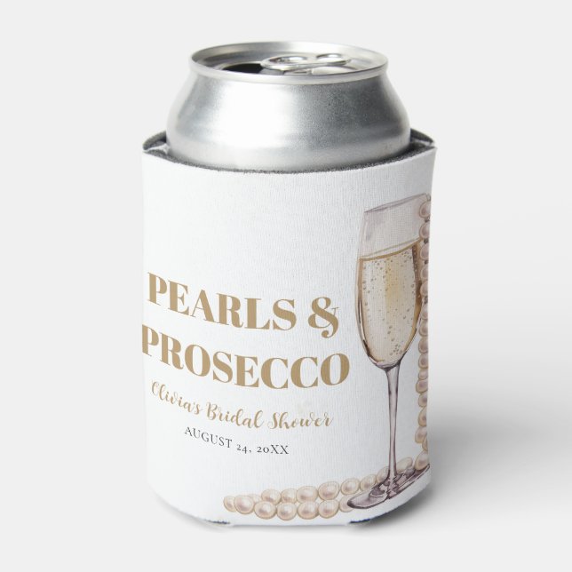 Elegant Gold Pearls and Prosecco Bridal Shower Can Cooler (Can Front)
