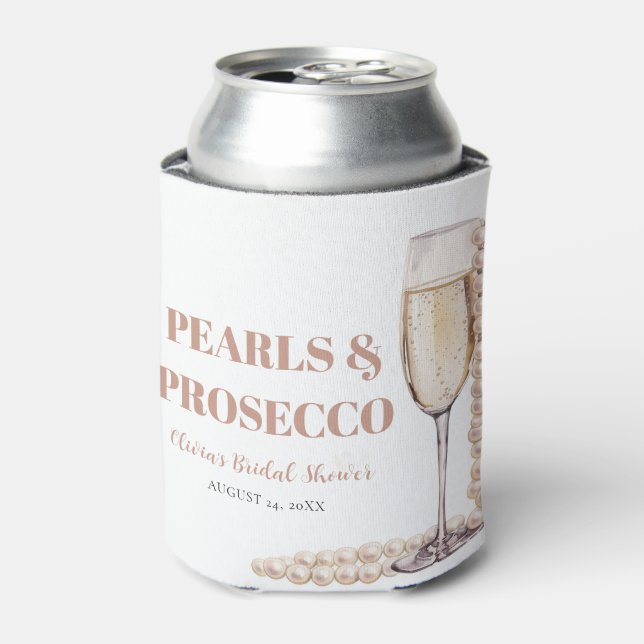 Elegant Gold Pearls and Prosecco Bridal Shower Can Cooler (Can Front)