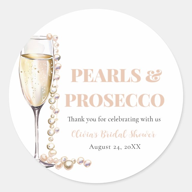 Elegant Gold Pearls and Prosecco Bridal Shower Classic Round Sticker (Front)