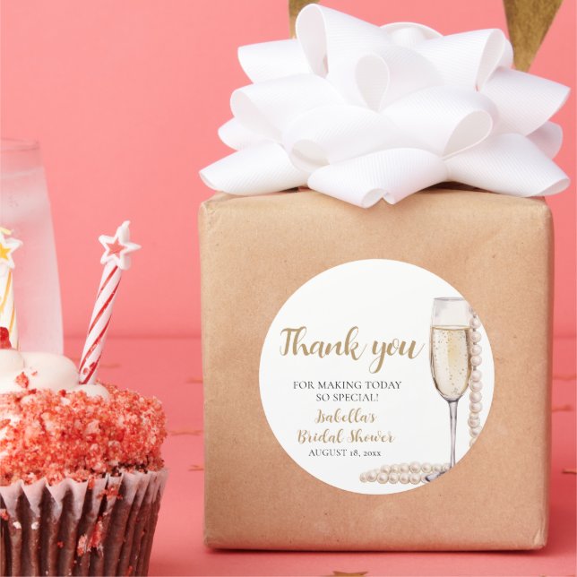 Elegant Gold Pearls and Prosecco Bridal Shower Classic Round Sticker (Party)