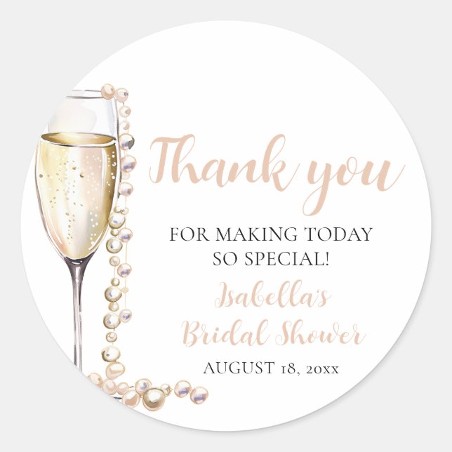 Elegant Gold Pearls and Prosecco Bridal Shower Classic Round Sticker (Front)