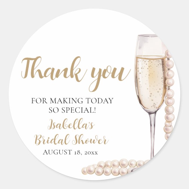 Elegant Gold Pearls and Prosecco Bridal Shower Classic Round Sticker (Front)